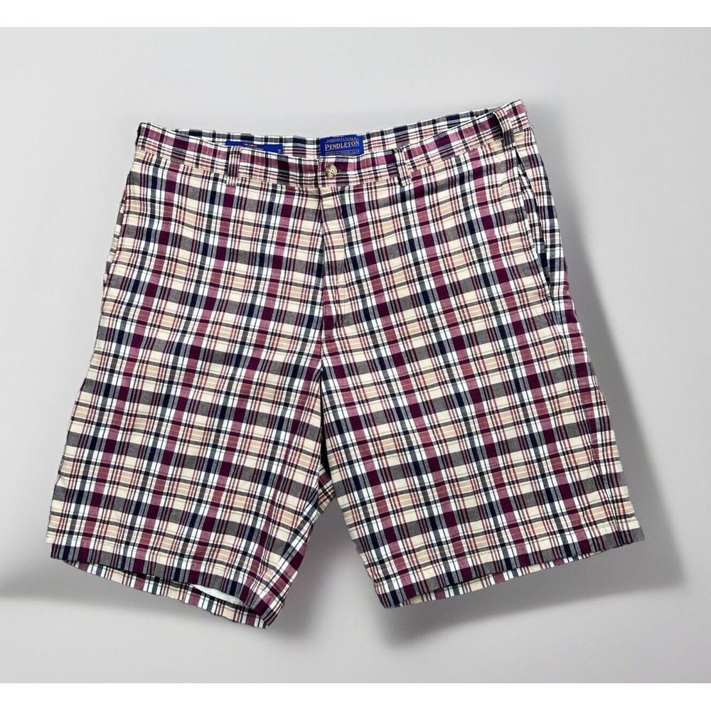 Pendleton Shorts Mens 38 Red Beige Plaid Flat Front Chino 9" Inseam‎ Casual Golf